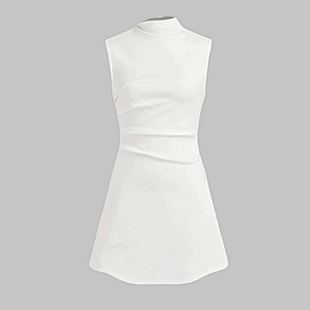 SOLD -NWT Cider White Mock Neck Sleeveless Ruched A-Line Skater Short Mini Dress
